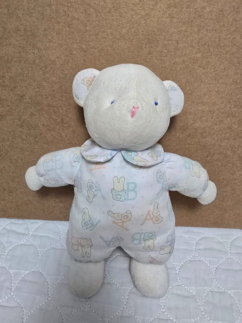 Carters Prestige Baby White Teddy Bear Plush Stuffed Animal ABC Rattle Vintage.
